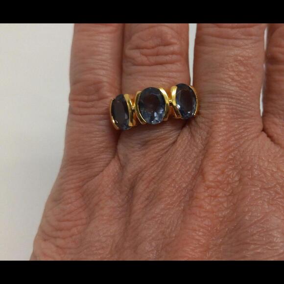 Statement Sterling Silver Gold Toned Blue Stones Ring, size 7 - Picture 3 of 9